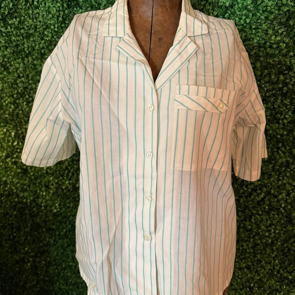 Vintage Koret Petites Striped Button Down Shirt USA White Green Short Sleeve
